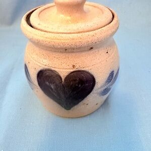 Rowe  Pottery Works Salt Glazed Pottery Lidded Crock with Heart 1988